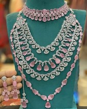 Silver Plated Indian Bollywood Style Set Of 2 Necklace Pink CZ Jewelry Set - $284.99