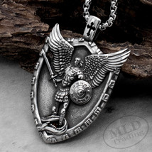 Archangel Angel Saint St Michael Shield Cross Stainless Steel Pendant Necklace - £15.17 GBP