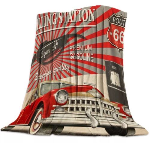 Ultra Soft Flannel Fleece Bed Blanket Vintage Red Car Filling Station Ro... - $5.86