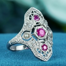 Natural Ruby Pearl Diamond Art Deco Style Dinner Ring in Solid 9K White Gold - £518.93 GBP