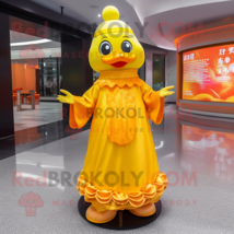 Yellow Mandarin mascot costume character dressed with a A-Line Dress and Rings - £908.11 GBP