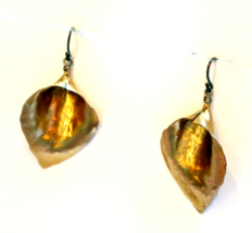 Signed Artisan Hammered Metal Leaf Earrings Sterling Gold Wash Dangle Pi... - $29.69