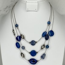 Chico's Blue Beaded Triple Strand Silver Tone Necklace - £13.27 GBP