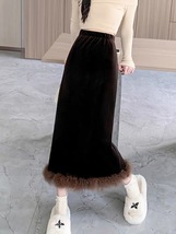Woman&#39;s Solid Color Hem Velvet Fuzzy Feather Brown Plush Winter Long Skirt - £15.50 GBP