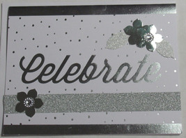 CELEBRATE Handmade card White Silver Foil Glitter w/envelope Bling blank inside - £4.78 GBP