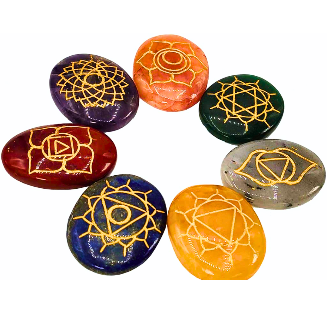 7 Chakra Symbol Engraved Crystal Oval Palm Stones in Pouch - $34.60