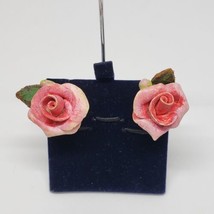 Unsigned Pink Leather Rose Flower Silver Tone Screw Back Clip On Earrings - $19.95