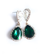 Green Gold Earrings, Crystal Earrings, Emerald Earrings, Green Clear Ear... - £33.26 GBP