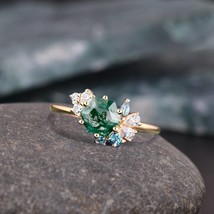 Hexagon cut moss agate ring vintage green moss agate engagement ring rose gold u - £59.44 GBP