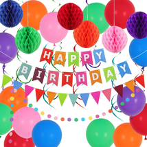 Rainbow Birthday Decorations, Happy Birthday Banner, 6 Honeycomb Balls, ... - $14.41