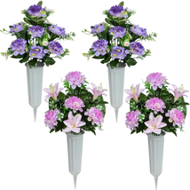 Artificial Cemetery Flowers, Artificial Grave Memorial Flowers with Vase for Cem - £35.48 GBP