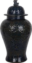 Temple Jar Vase Flower Floral Speckled Indigo Ceramic Hand-Crafted Carved - £303.83 GBP