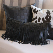 Genuine Black Fringe Leather Pillow Cover zipper outdoor nwt long black 9 - £86.24 GBP+