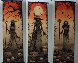 3 Halloween Art Print Wall Hanging Scroll Courtyard Skeleton Reaper Spoo... - £70.39 GBP