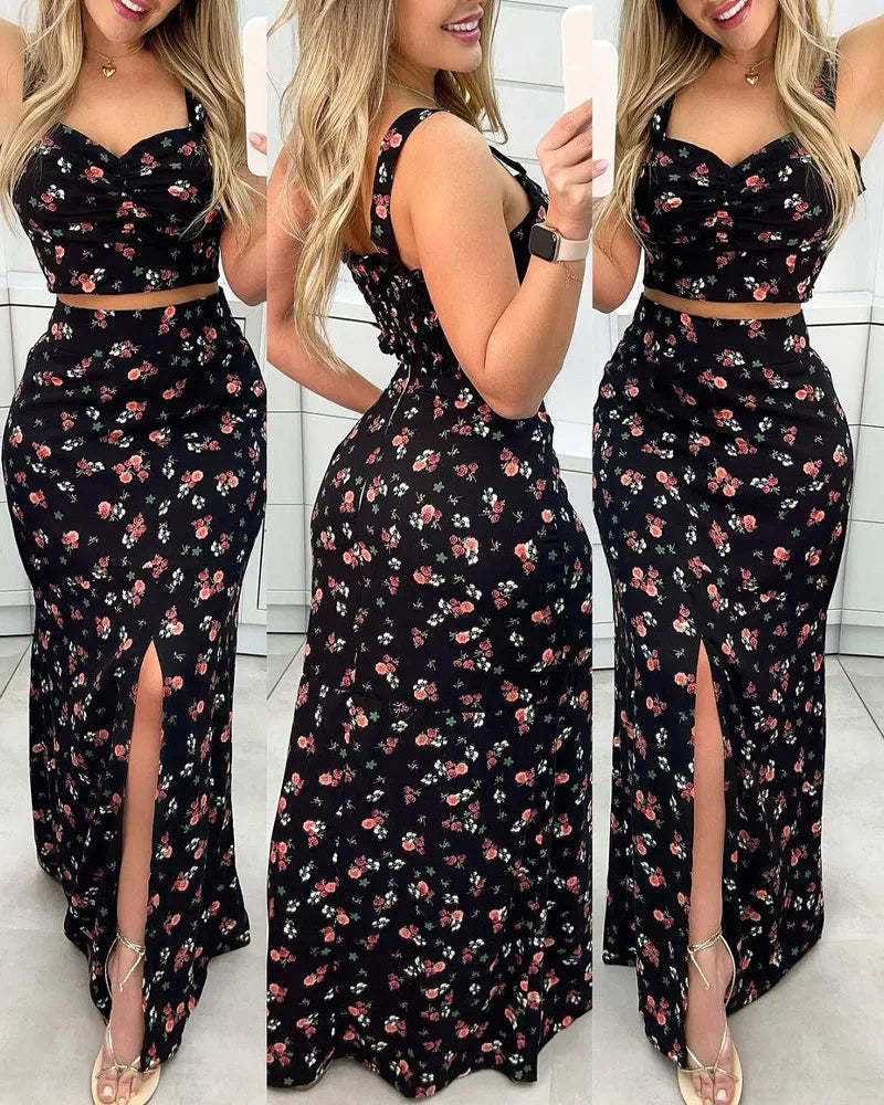 Summer Floral Printed Split High Waist Casual Boho Beach Two Piece  Crop... - $36.95