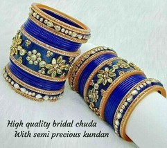 Rajwadi Dulhan Set Wedding Kundan Chura Bridal Bangle Blue Acrylic Plastic - £60.52 GBP