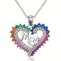 &quot;MOM&quot; Silver Rainbow Rhinestones Heart Necklace LGBTQ Pride Mother&#39;s Day Gift - £8.69 GBP