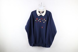 Vintage 90s Country Primitive Womens Large Fall Leaves Collared Sweatshirt Blue - £31.28 GBP