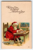 Santa Claus Christmas Postcard Saint Nick Writing With Quill Pen Toys Candle K - £14.98 GBP