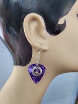 peace sign charm purple guitar pick earrings dangles handmade unisex music jewel - $6.99