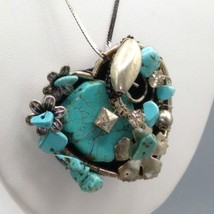 Unique Dyed Howlite Pendant Necklace, Silver Tone Assemblage of Turquoise Color - £38.58 GBP