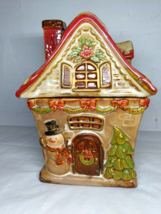 Ceramic Cottage Cookie Jar 7&quot; High Snowman Tree Red Roof of Snow Winter - £19.84 GBP