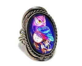 Mia Jewel Shop Psychedelic Owl Oval Adjustable Ring Acrylic Graphic Cabochon Sil - $18.80