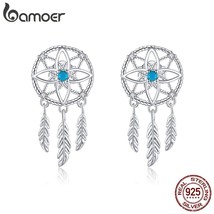 bamoer Bohemian Style 925 Silver Dream Catcher Dangle Earrings for Women Feather - £18.86 GBP