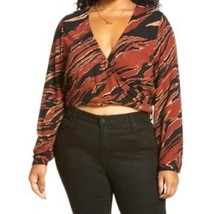BP. Womens Crop Top Brown Tiger Print Long Sleeve Surplice Ruched Waist ... - $10.39