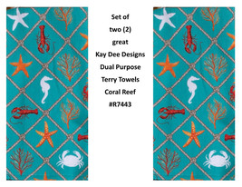 KAY DEE DESIGNS &quot;Coral Reef&quot; R7443 Two Dual Purpose Terry Towels~16&quot;x26″Cotton - £12.55 GBP