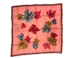 Vintage Salmon Silk Scarf 1950s 30&quot; sq Large  Autumn Leaves Pattern - $28.71