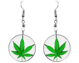 Cannabis Pot Leaf Hemp Graphic Round Dangle Earrings - Womens Fashion Handmade J - £11.73 GBP