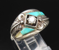 NAVAJO 925 Silver - Vintage Topaz &amp; Turquoise Double Leaf Ring Sz 8 - RG25873 - £62.26 GBP
