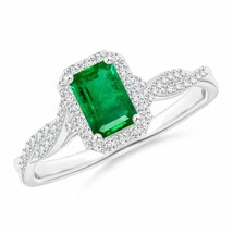 ANGARA Emerald-Cut Emerald Halo Twisted Shank Ring for Women in 14K Solid Gold - £1,919.66 GBP