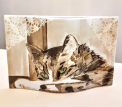 Minou-ettes Fine Porcelain Vase by C Pradalie Green Eyed Tiger Cat Portugal 1985 - £23.14 GBP