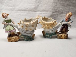 Vintage Germany Pottery Porcelain Figurines Seashell Conch Planter Boy a... - $36.93