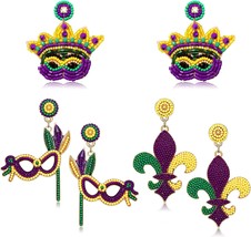 2 3Pairs Mardi Gras Earrings for Women Beaded Crown Dangle Earrings Mardi Gras A - £23.34 GBP