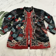 Citron Santa Monica Floral Top Size M Black Red Floral Tropical Open Front - $39.59