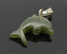925 Sterling Silver - Vintage Dolphin Shaped Jade Petite Pendant - PT18135 - £19.78 GBP
