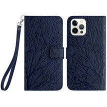 For iPhone 14 Pro Max Tree Birds Embossed Pattern Leather Phone Case(Blue) - £3.94 GBP