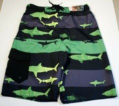 Hang Ten Swim Surf Shorts Boys Large Sharks Green Black Trunks Velcro Pocket - £6.94 GBP