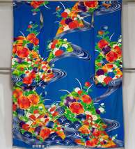 Floral Blue Kakeshita with River Waves &amp; Chrysanthemums - Vintage Chirimen Silk  - £132.32 GBP