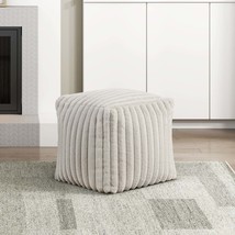 Off-White Corduroy Square Pouf Ottoman - Modern Plush Footstool - $119.99