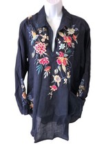 JOHNNY WAS Floral Embroidered Navy Tunic Shirt Top Boho Chic Size Large - $111.93