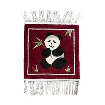 Panda Bear Silk Pictorial Fringe Rug with Bamboo Leaves Dark Red 12&quot; x 13&quot; - £42.78 GBP