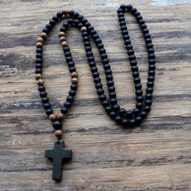 Wood Beads + Stone Cross Pendant Rosary Men Necklace Jewelry Chain Catho... - £13.14 GBP