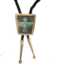 Vintage Sterling Native American Peyote Bird Inlay Turquoise Stone Lace Bolo Tie - £128.49 GBP