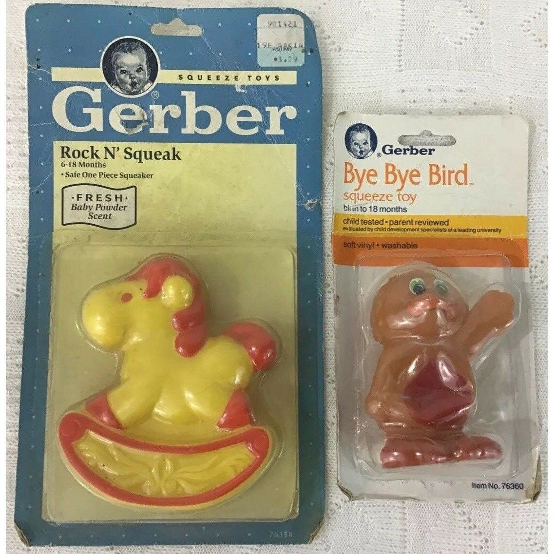 Primary image for Vintage Baby Squeaker Toy Lot Gerber Bye Bye Bird Horse Rock N Squeak NOS 1990’s