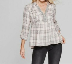 Knox Rose Women&#39;s Raw Trim Plaid Long Roll Sleeve Collared Popover Pink Top Sz M - £22.59 GBP