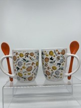 (2) Coffee Mug Tea Fall Pumpkin &amp; Leaves Orange Stir Spoon Cup Microwave Safe - £10.34 GBP